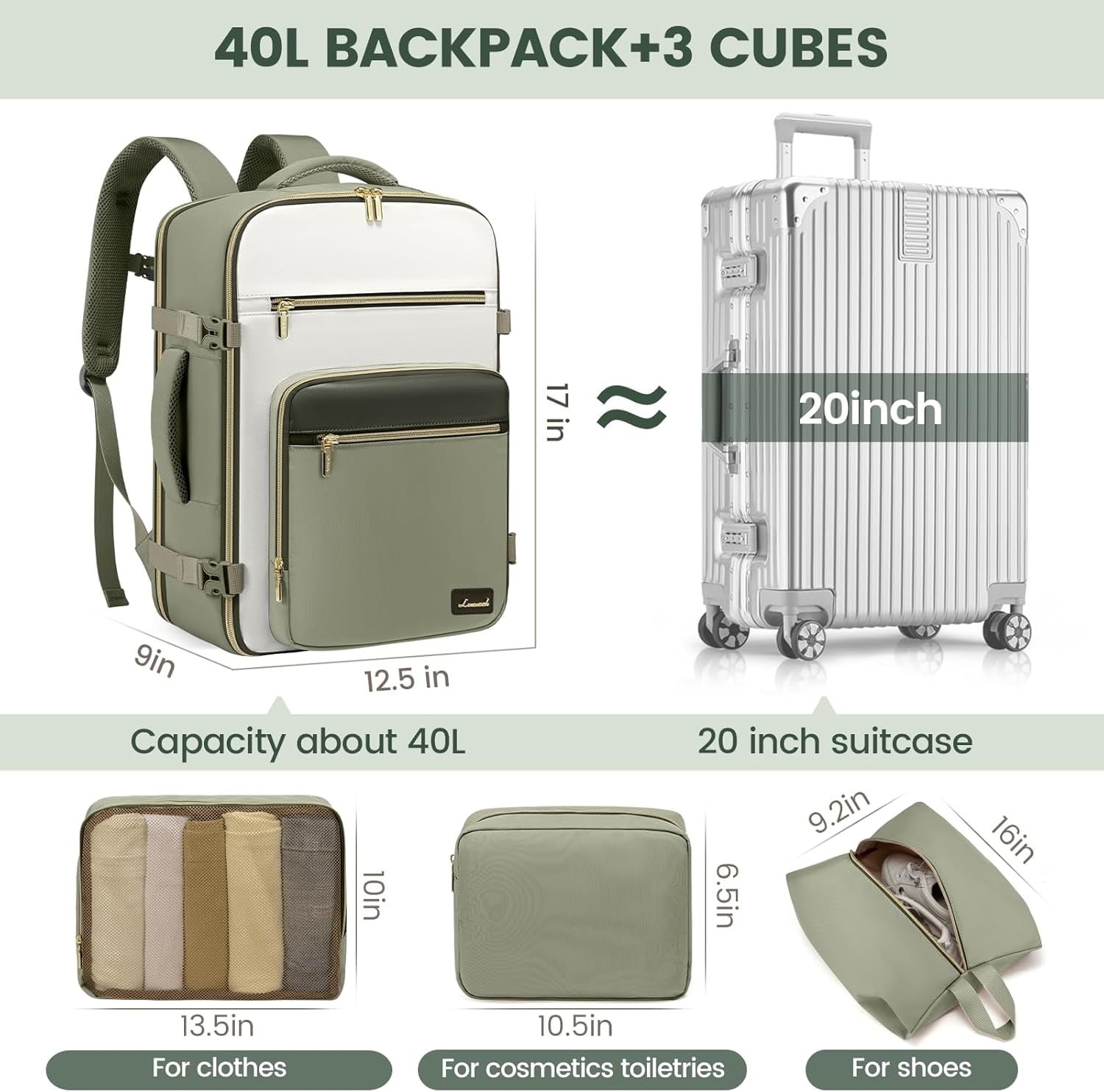 LOVEVOOK Travel Backpack For Women,50L Carry On Backpack Flight Approved,TSA Personal Item Travel Bag Fits 18 Inch Laptop,Business Weekender Overnight Daypack with Toiletry Bag and Cube,White brown