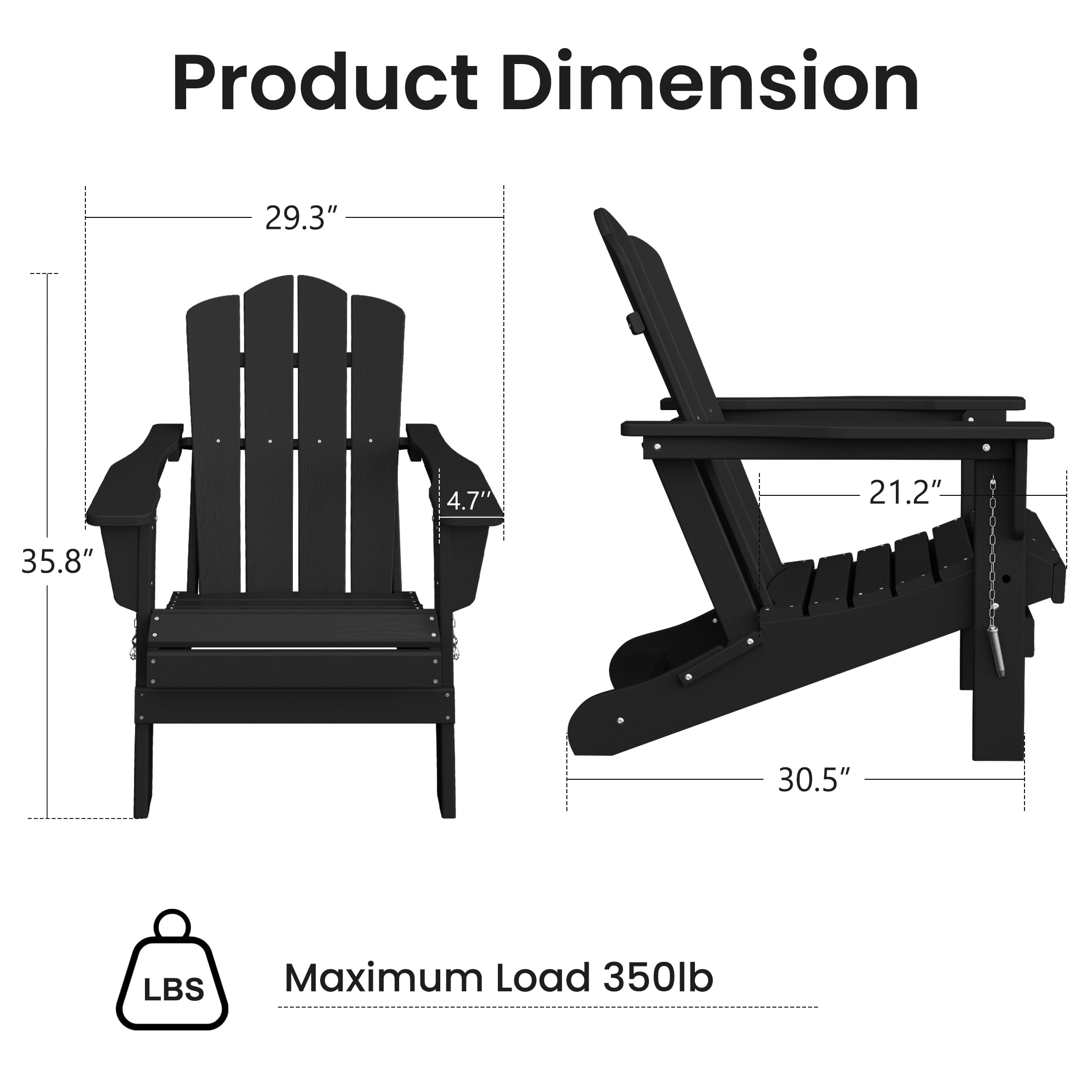 JUSTLET Adirondack Chair, 4PC Plastic Folding Outdoor Patio Chairs, Outside HDPE Chairs for Lawn, Yard, Black