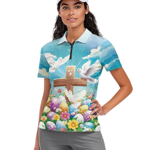 Whosucclay Peace Dove Easter Egg Design Golf Shirt for Tennis Outdoor, Breathable Polyester Tennis Shirts Moisture Wicking Soft V Neck Golf Shirts for Women Size X-Small
