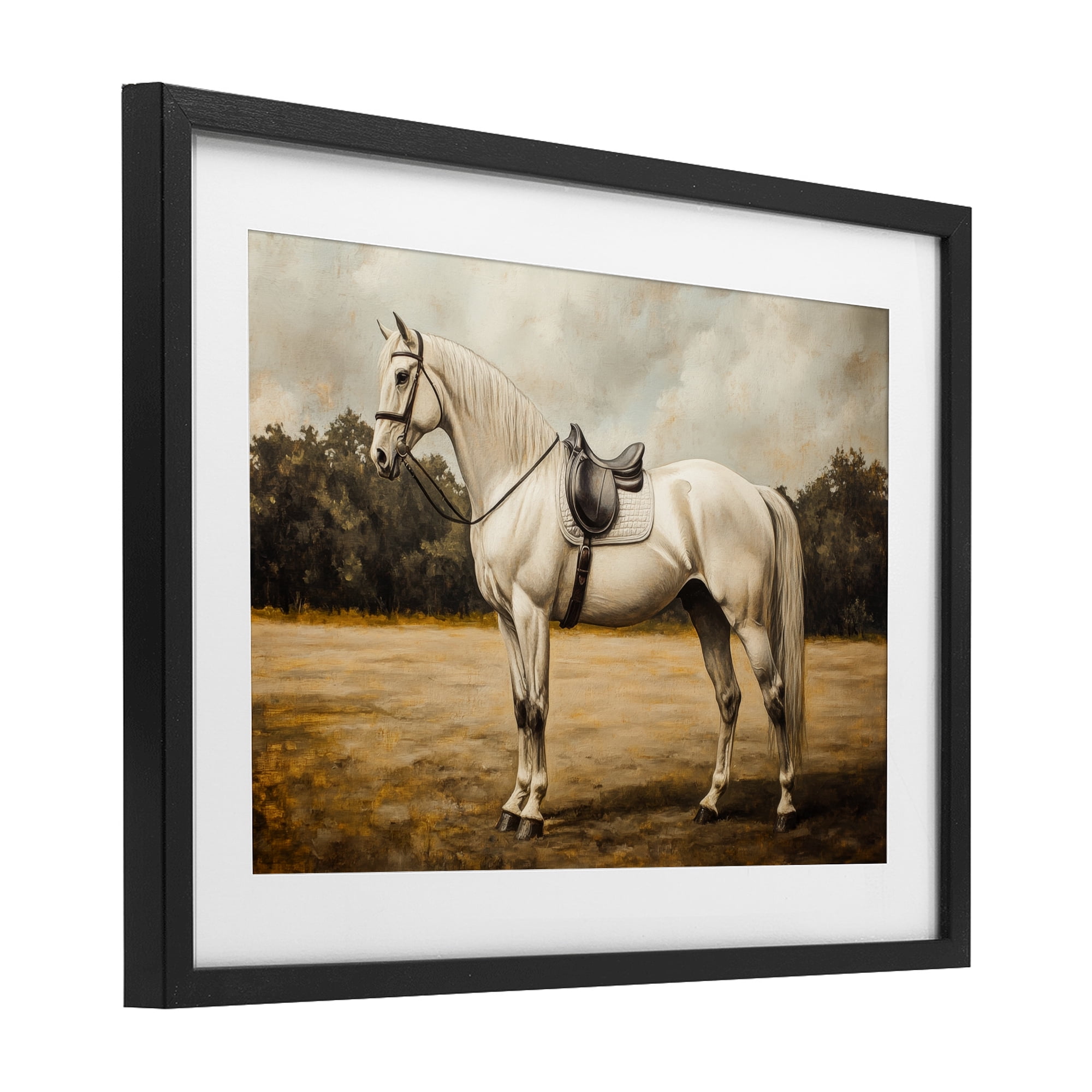 Stupell Industries White Mare with Saddle Black Framed Print Under Glass, design by Petal Prints Design
