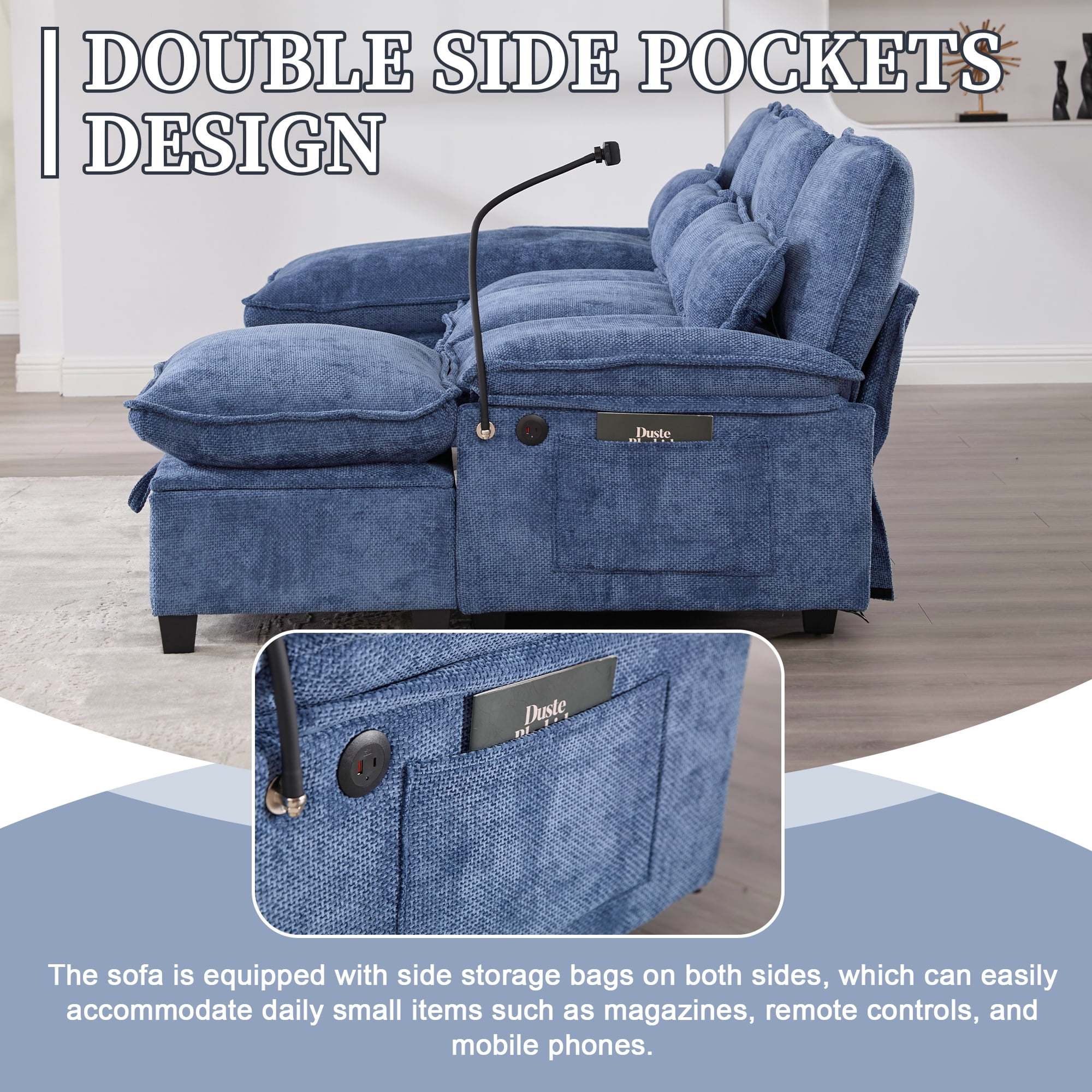 MOONMISS Chenille Upholstered Oversized U-shaped Comfy Modular Sectional Sofa with Storage Ottoman-Navy Blue