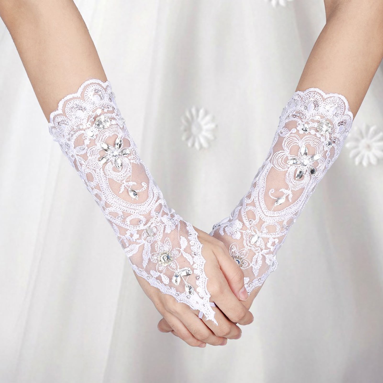 Gants de Mariee Dentelle Gants de Mariage Retro Syle Ivoire Dentelle Fleur Mariee Strass Nuptiale Sexy Gants de Mariage Blanc