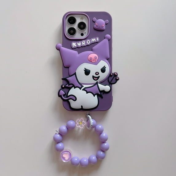 For iPhone 14 Pro Max/14 Plus/13 Pro/13 Phone case,Shockproof Cute 3D Purple Kuromi Soft TPU Case Cover With Bracelet