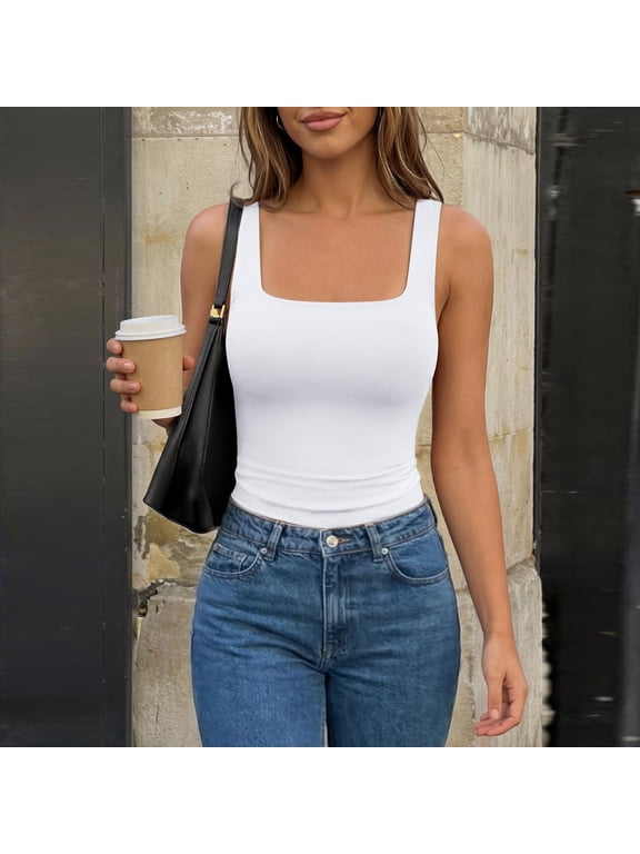 Womens Double Lined Tank Tops Square Neck Crop Tops Sleeveless Halter Slim Fit Summer White L