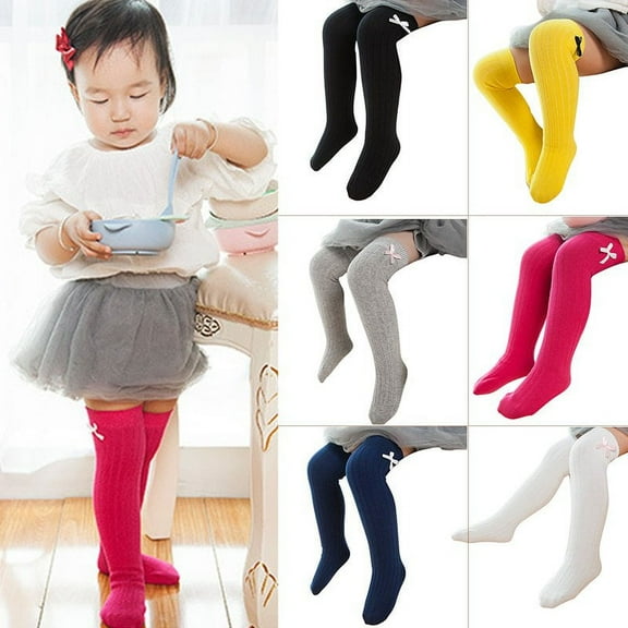 2 pairs Little Girls Knee High Socks Cute Bowknot Cotton Cable Knit Toddler Dress Socks (black,blue,rose red,gray,yellow,white)