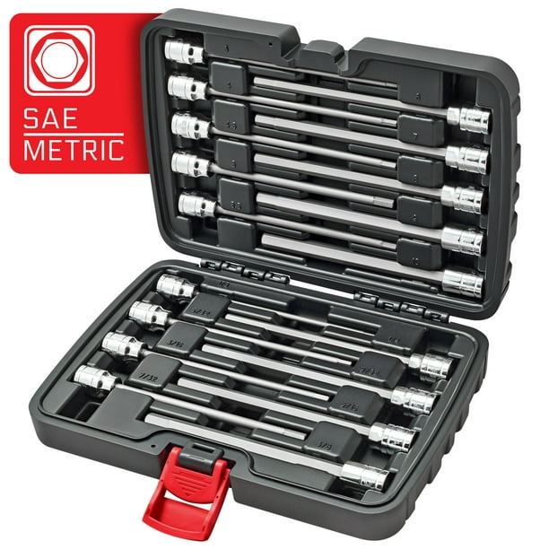 CARBYNE 18 Piece Extra Long Hex Bit Socket Set SAE & Metric, S2 Steel