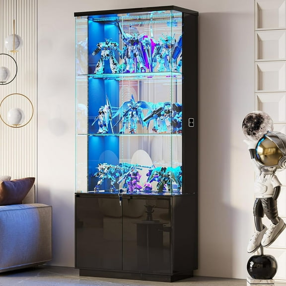 71” Glass Display Cabinet with Lights, Modern Curio Cabinet Display Cases for Collectibles, Locking Cabinet with Shelves & Drawers, Tall Bookcase with Human Body Sensor for Living Room (Black)