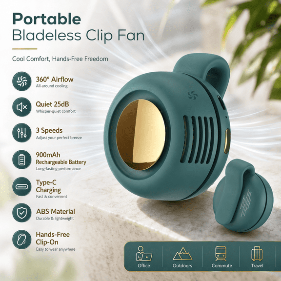 Clip On Fan Bladeless Wearable 25dB Silent 3 Speeds Mini 900mAh Rechargeable Type C Hands Free Stroller Office Summer Cooling Portable Gadget