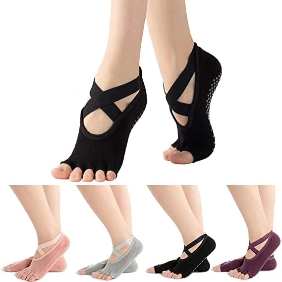 4 Pairs Non Slip Pilates Socks,Yoga Socks for Women, Women's Yoga Socks  with Toes, Clasped Pilates Socks for Ballet Pilates Barre Dance