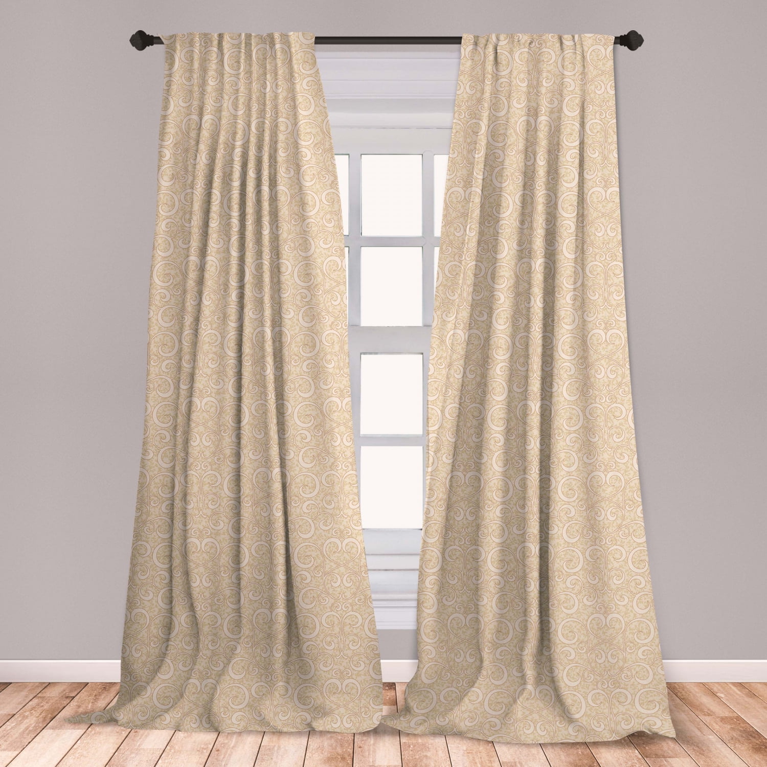 Beige Curtains 2 Panels Set, Unusual Swirled Floral Patterns Style