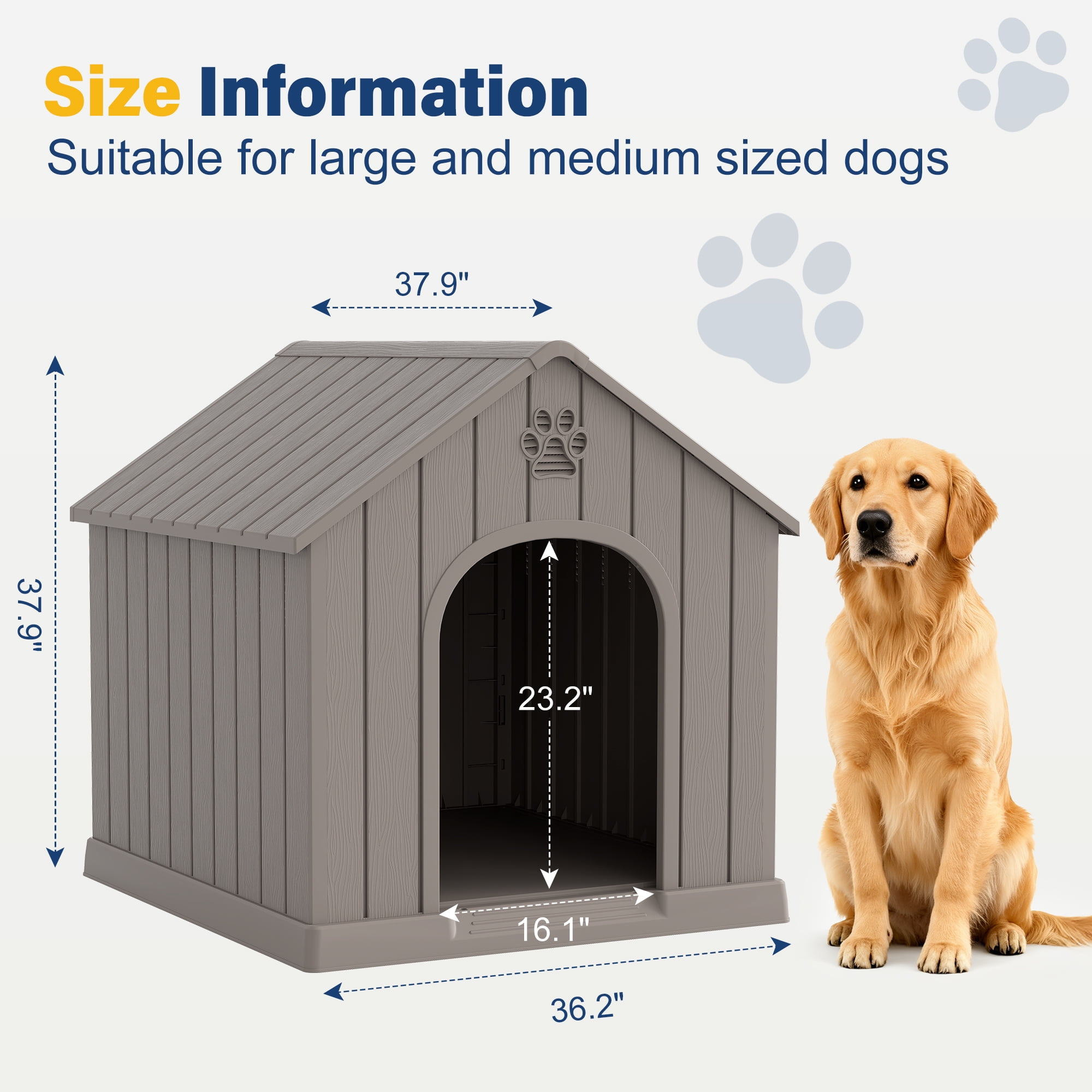 LHBcraft Large Dog House for Medium Large Dogs,Durable PP Waterproof Dog Shelter with Air Vents & Elevated Floor,Easy Clean and Assemble for Outdoor & Indoor,Gray