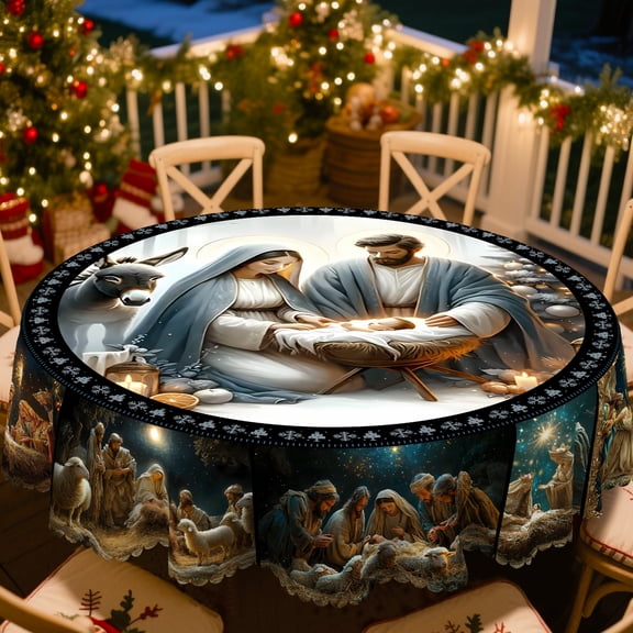 KOPOEELK Blue Nativity Scene Round Tablecloth, 60 in Round Christmas Dining Decor