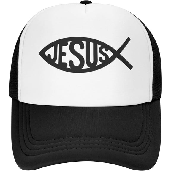 Jesus Fish Trucker Hat Women Mesh Baseball Cap Cowboy Hat Men Dad Hat Adjustable Hat Snapback Hat Black