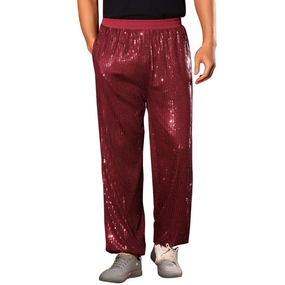 INSPIRE CHIC Sequin Pants for Men's Elastic Waist 70s Disco Costume Shiny Party Trousers 28 Red
