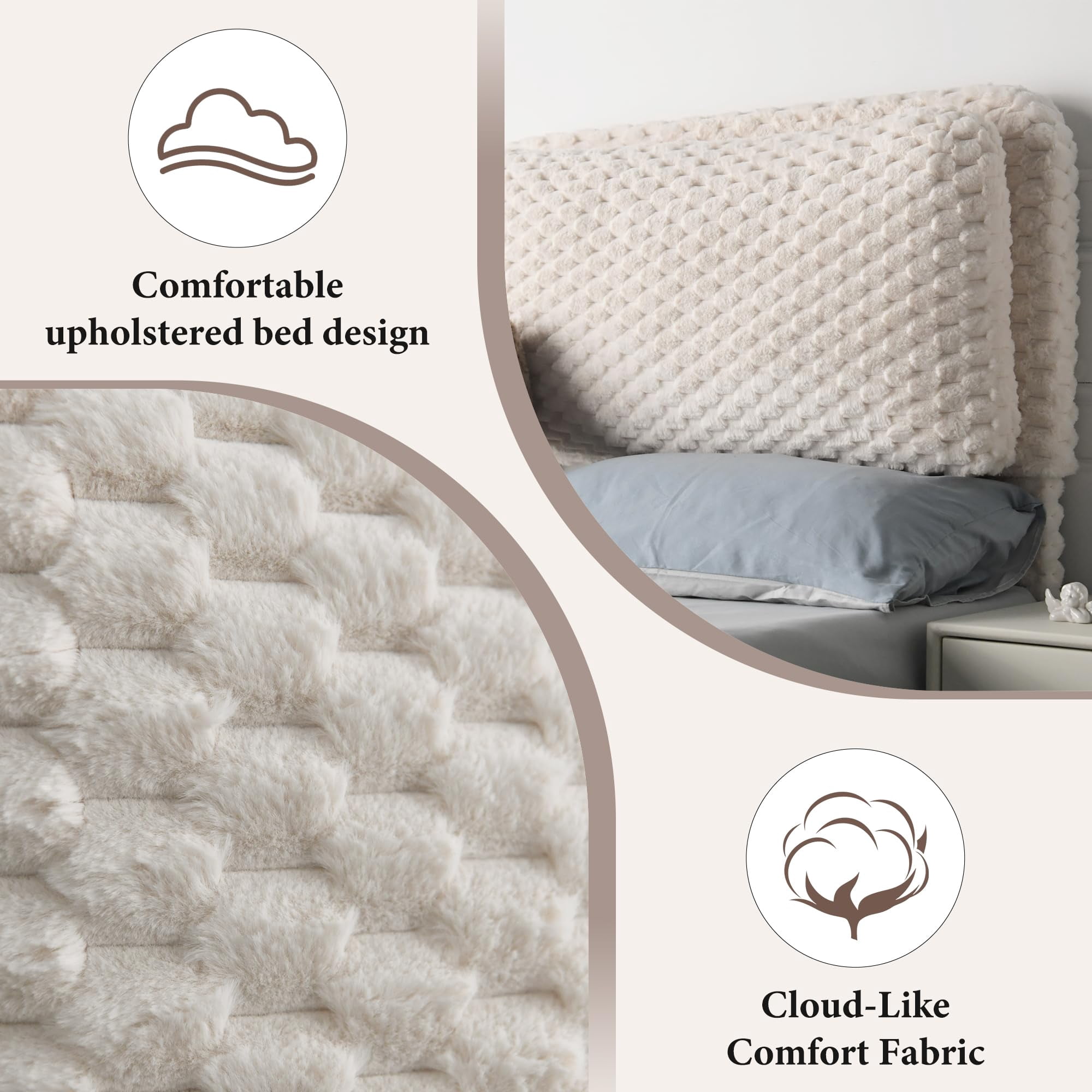 4 EVER WINNER Queen Bed Frame, Queen Size bed Frame with Headboard, Upholstered Bed Frame with Removable Pillows, Cream
