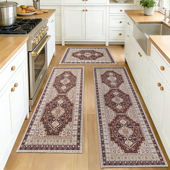 ARJINCUTE Non-Slip 3 Piece Ultra Soft Kitchen Rug Set, Machine Washable Comfort Floor Mats for Home Kitchen, Brown