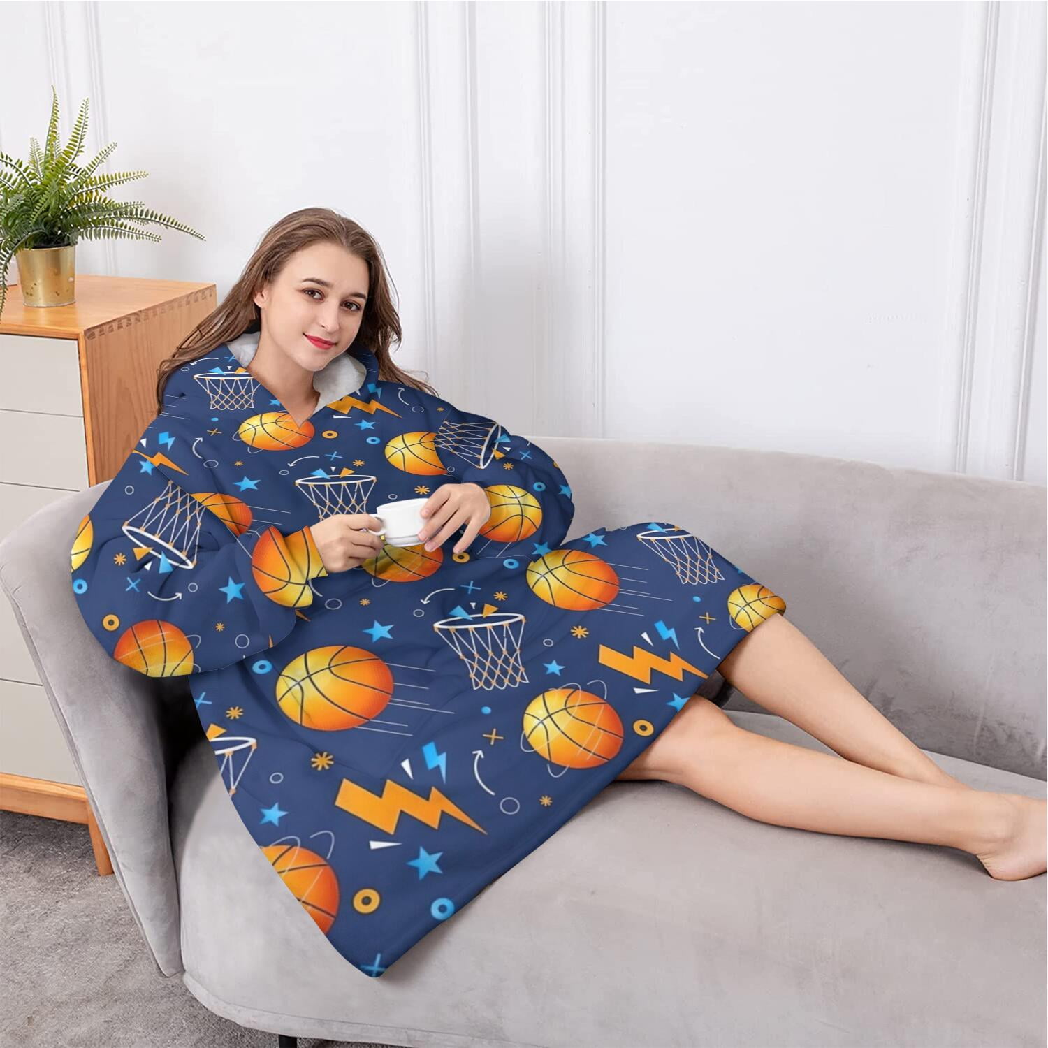 Oversized Wearable Blanket Hoodie,Basketball Theme Pattern Sherpa Blanket Hoodie with Super Pockets,Super Warm Fuzzy Pullover for Women & Men