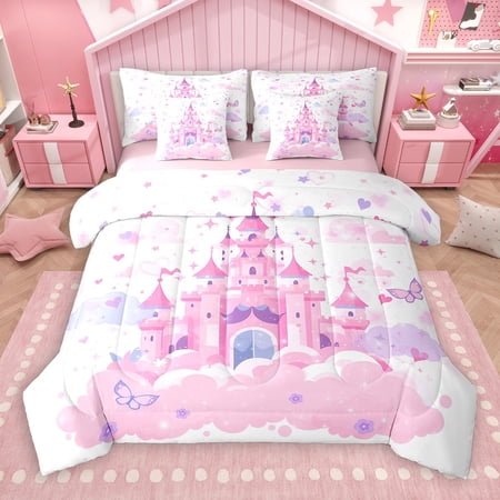 Castle Fairy Kawaii Princess Castle 7-Piece Twin Bedding Sets for Girls Women Children Flying Butterflies Bedding Comforter Set Dreamy Princess Breathable Sheet Sets Ultra Soft Home Decor