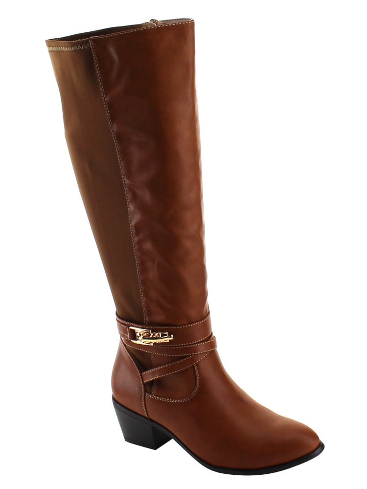cross strap block heel knee high boots