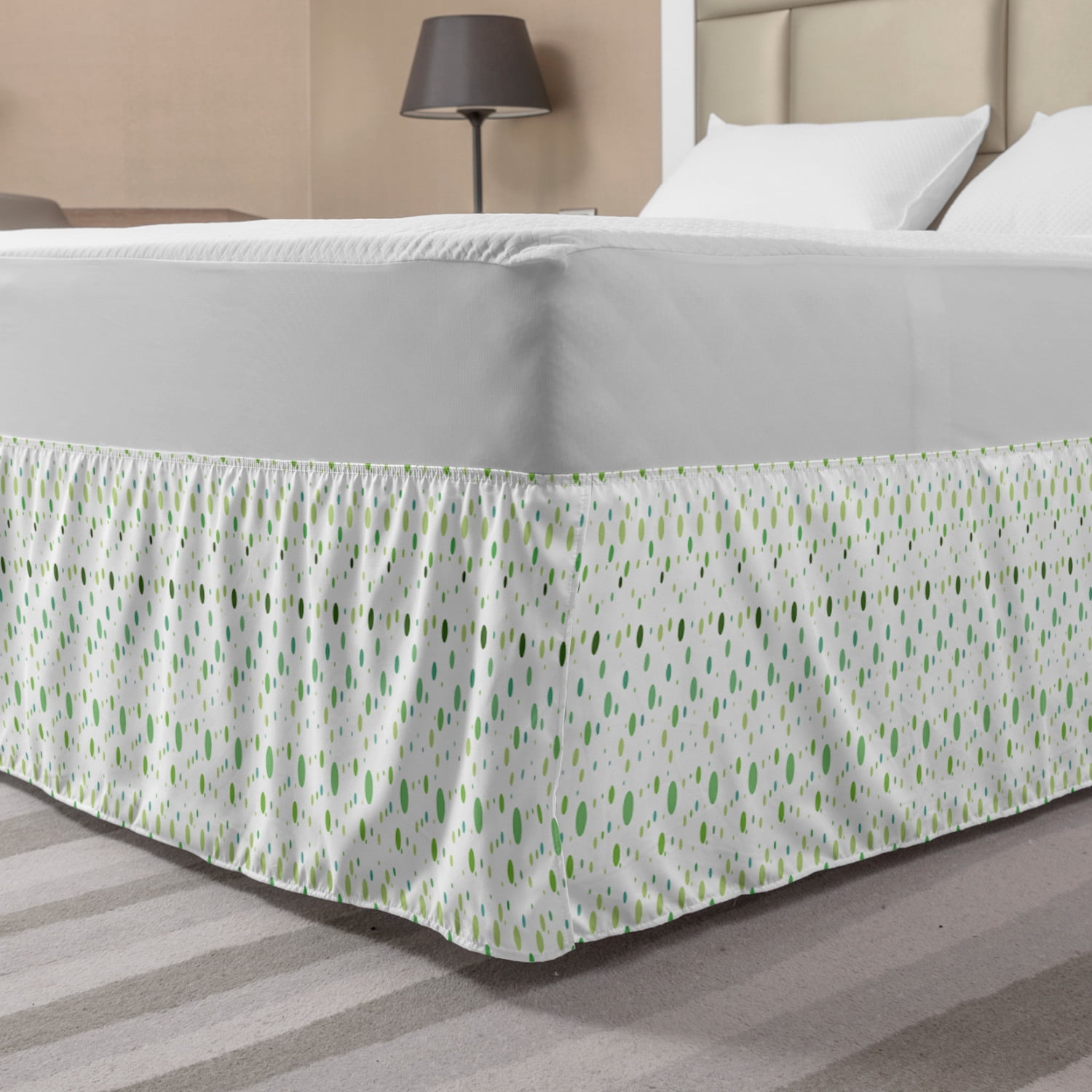 Green Bed Skirt, Polka Dots Rounds on Green Blue Tones Geometric Retro