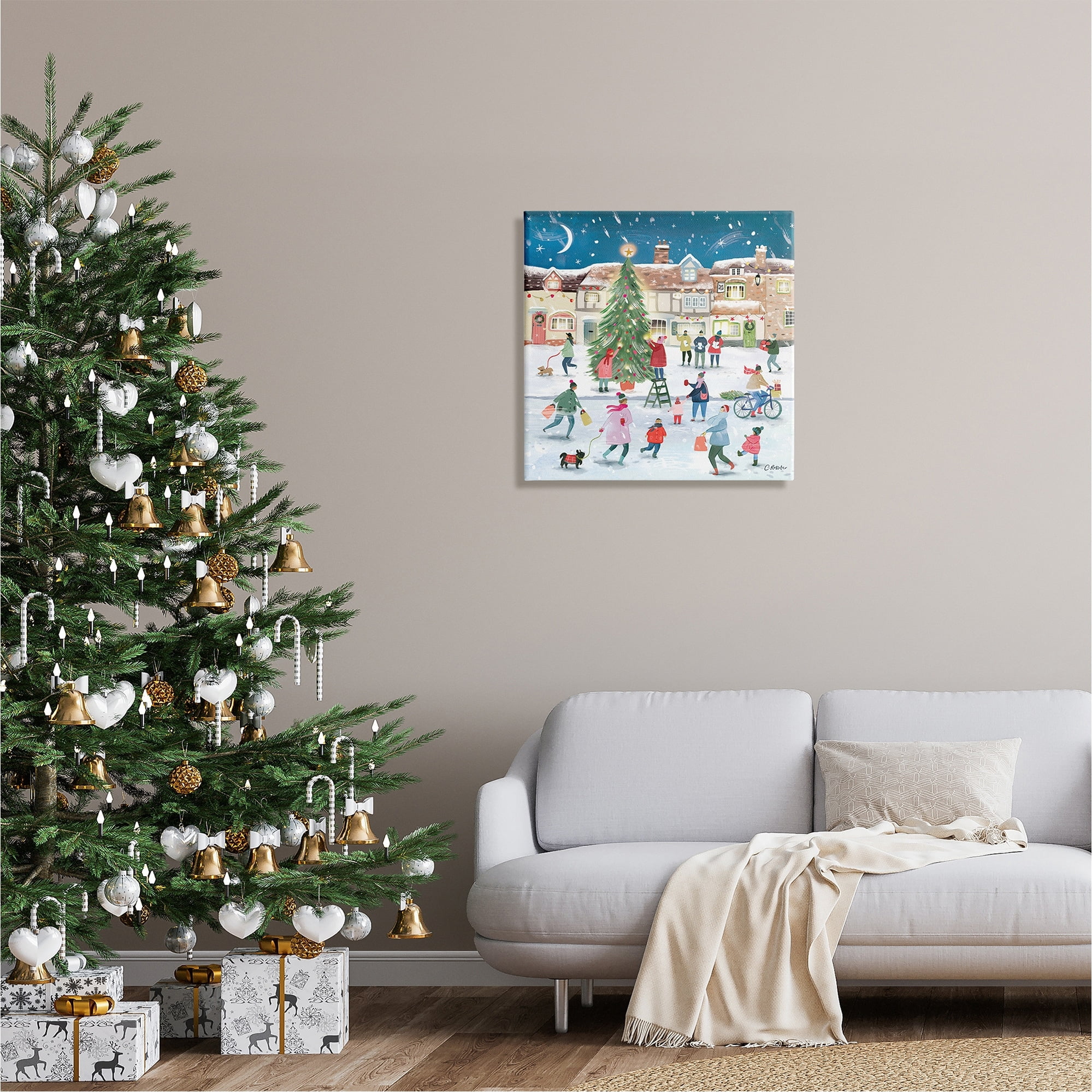 Stupell Industries Christmas Tree Town Scene Holiday Painting Gallery Wrapped Canvas Print Wall Art