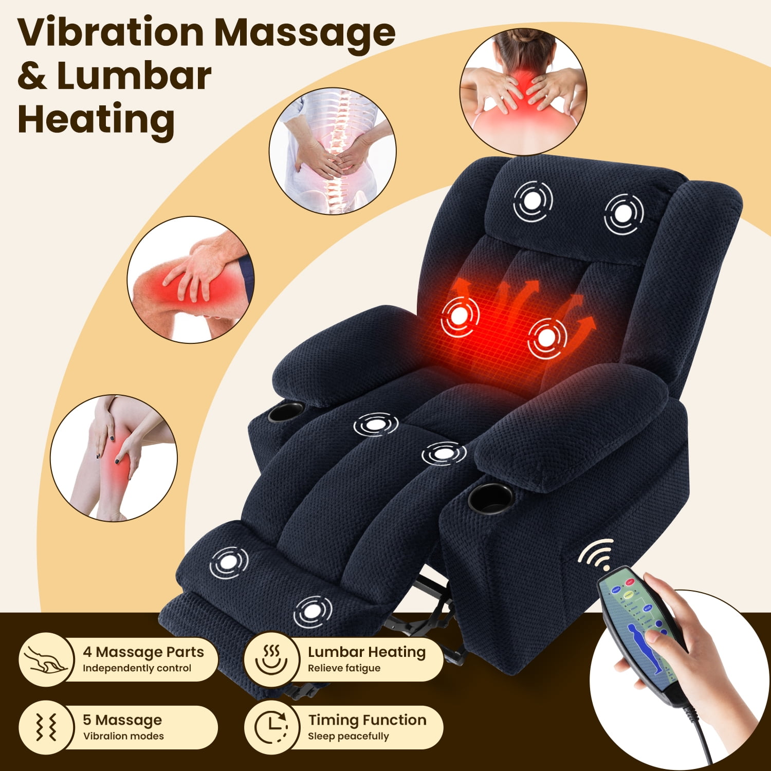 Power Lift Recliner Chair for Elderly with Heating & Vibration Massage, Large Wide Heavy Duty Extended Footrest for Big & Tall, 2 Cup Holders & Side Pockets Plush Flannel