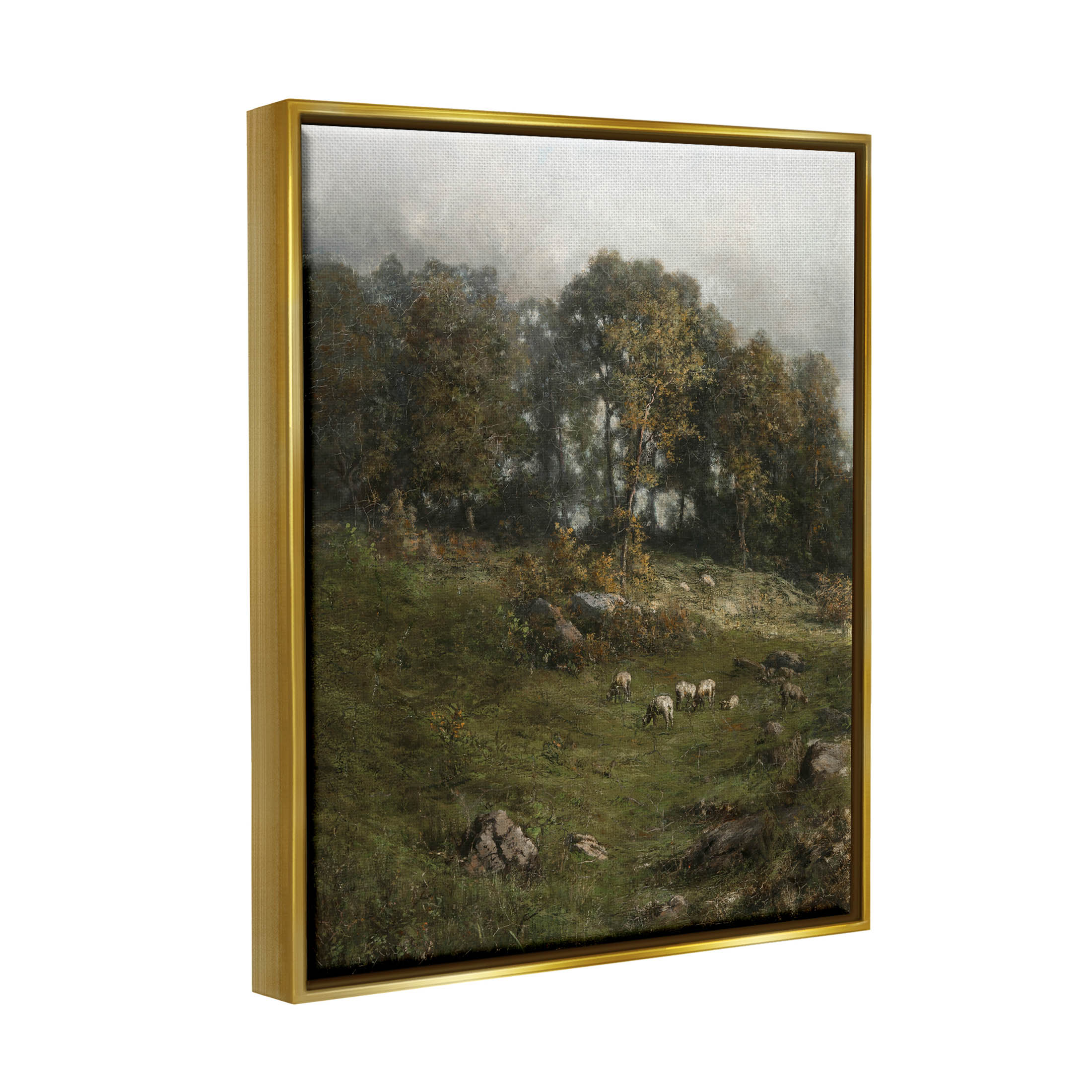 Classic Farm Field Grazing Animals Landscape Painting Metallic Gold Framed Art Print Wall Art