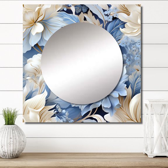 Designart "Ethereal Flourishing Rococo V" floral Square Mirror Wall Decor Cottage - Large Blue Square Bathroom Mirror - Square Printed Wall Mirror Art