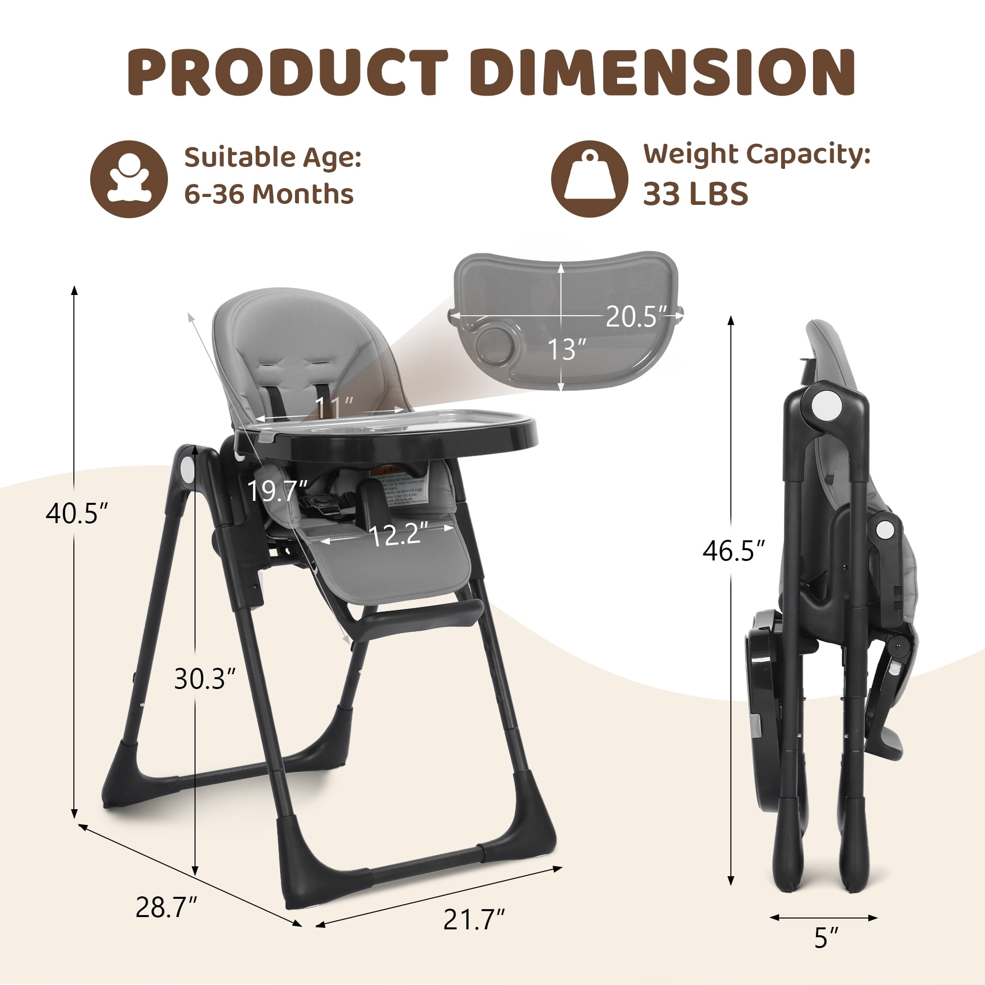 AILEEKISS Foldable High Chair for Baby, Toddler Eating Chair with Detachable Double Trays, Grey