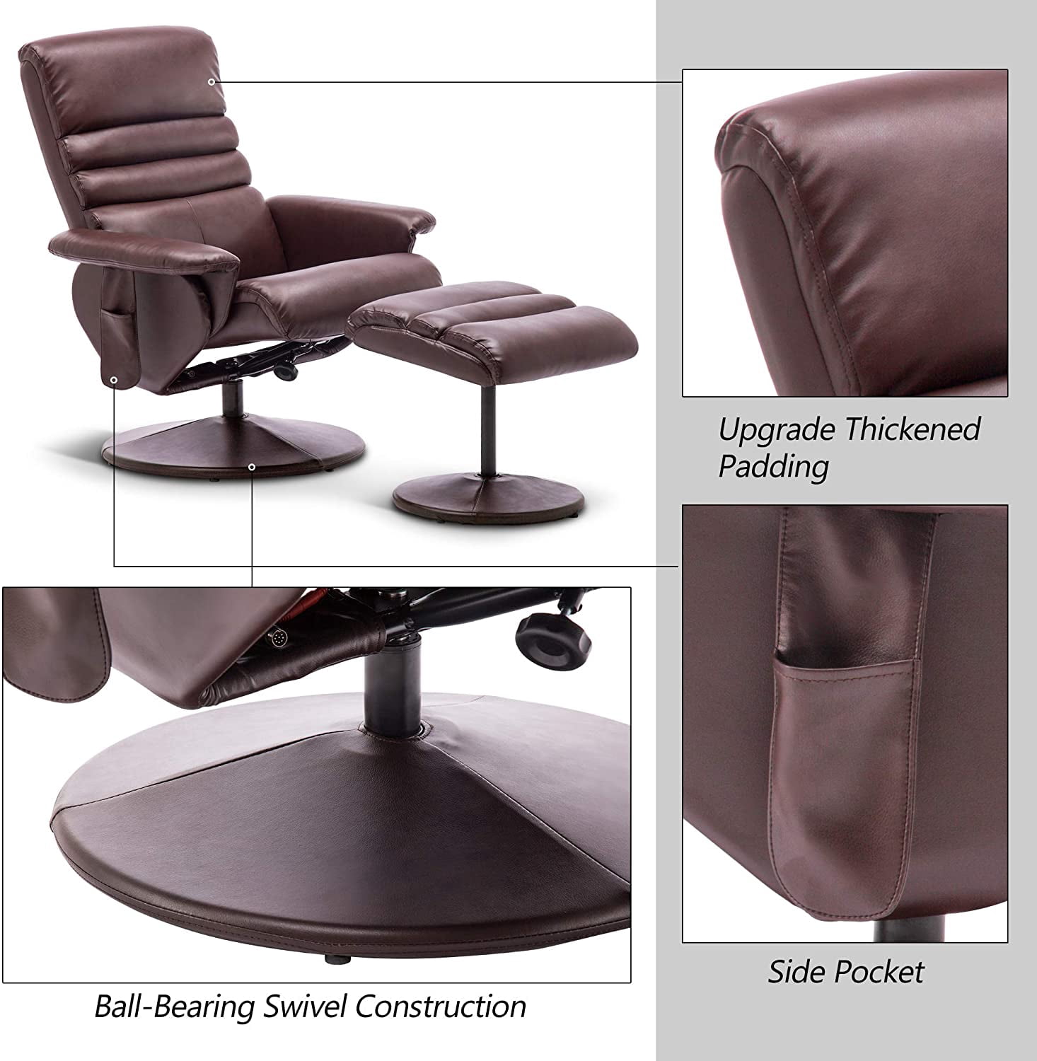 MCombo 360 Swivel Massage Recliner Chair with Ottoman for Living Room, Faux Leather, Dark Brown