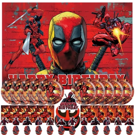 34 Pcs For Deadpool Movie Theme Birthday Party Supplies, With 5*3ft Birthday Backdrop Decorations, 10 Plates, 10 Napkins, 13 Cupcake Toppers, All-in-One Party Supply Favor Set