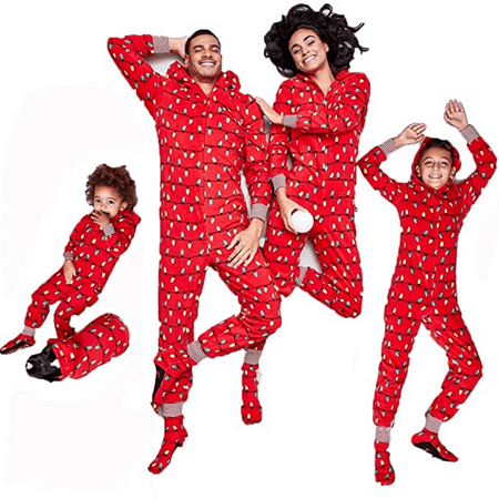 

Xingqing Family Matching Christmas Pajamas Set String Lights One-Piece Zipper Hooded Romper Onesie for Adult Kids