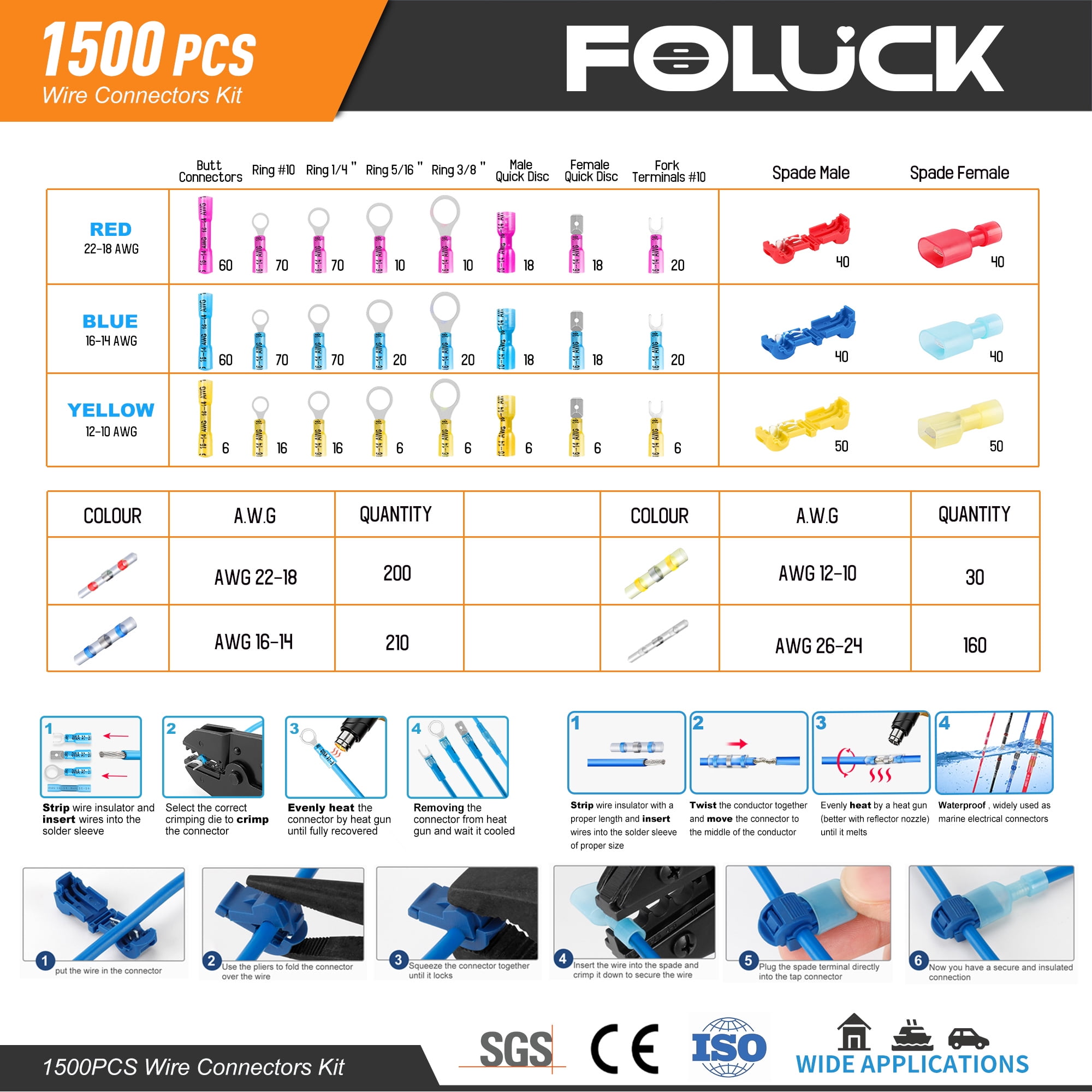 Foluck Ultimate Heat Shrink Wire Connectors, 1500PCS Waterproof Electrical Spade Connectors kit, Insulated Crimp Ring Fork Spade Terminal T-Tap Solder Butt Splice Connectors for Marine Boat Truck