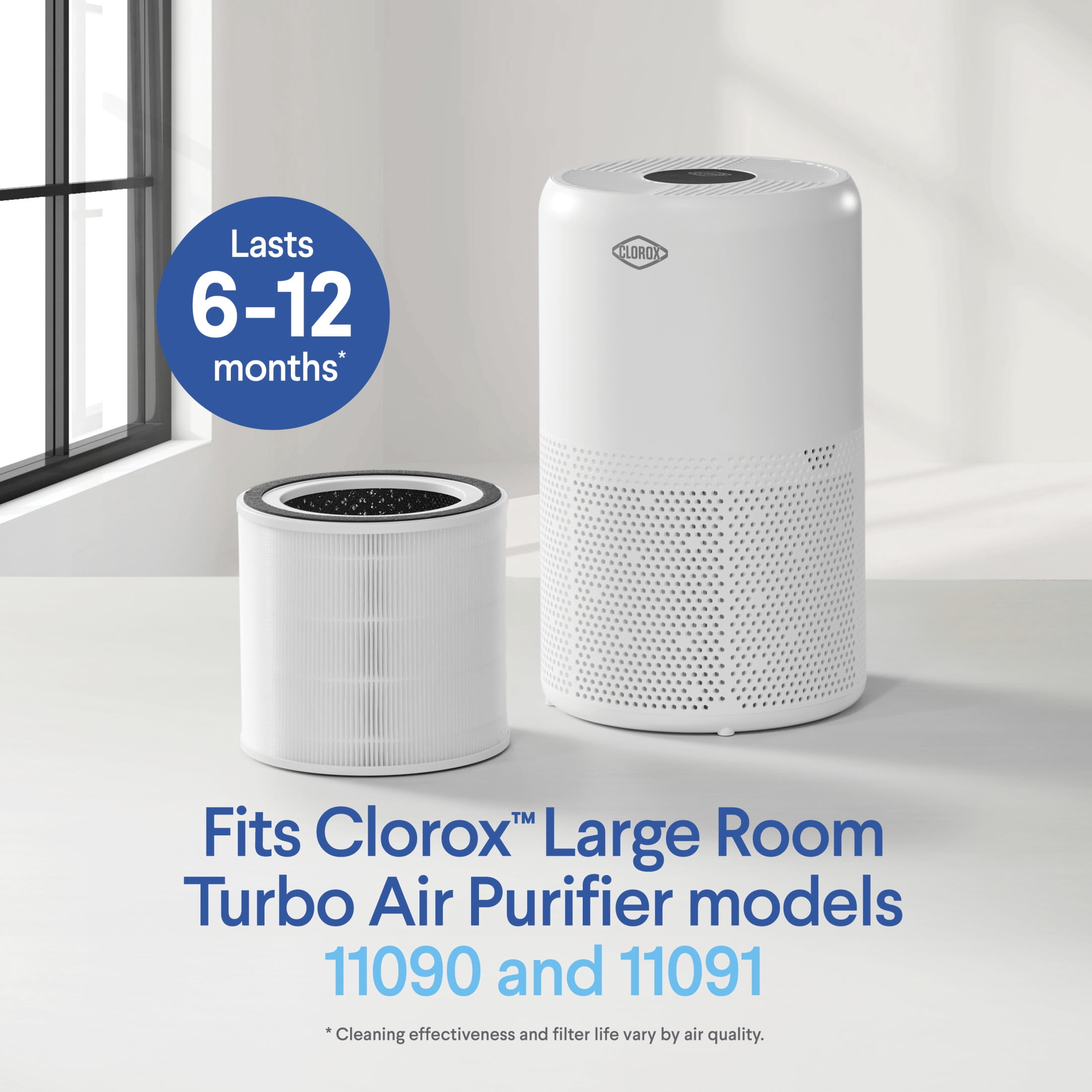 Clorox Air Purifier Replacement Filter for Turbo + Large Room Unit, True HEPA, 1,650 Sq. Ft. Capacity, Lasts 6-12 Months, Fits Model 11091