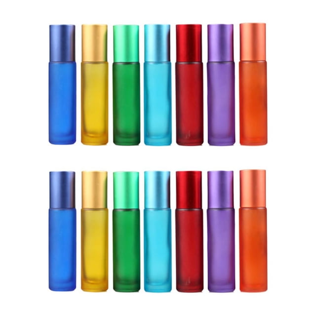 14 botellas de perfume vacías de 10 ml con acabado mate, de vidrio de colores variados.