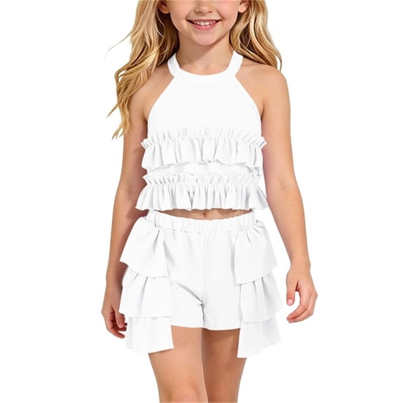 Amidoa Girls 2 Piece Outfits Summer Clothes Solid Color Cute Tank Top T-Shirt and Shorts Casual Kids Clothing Sets White Size 3T