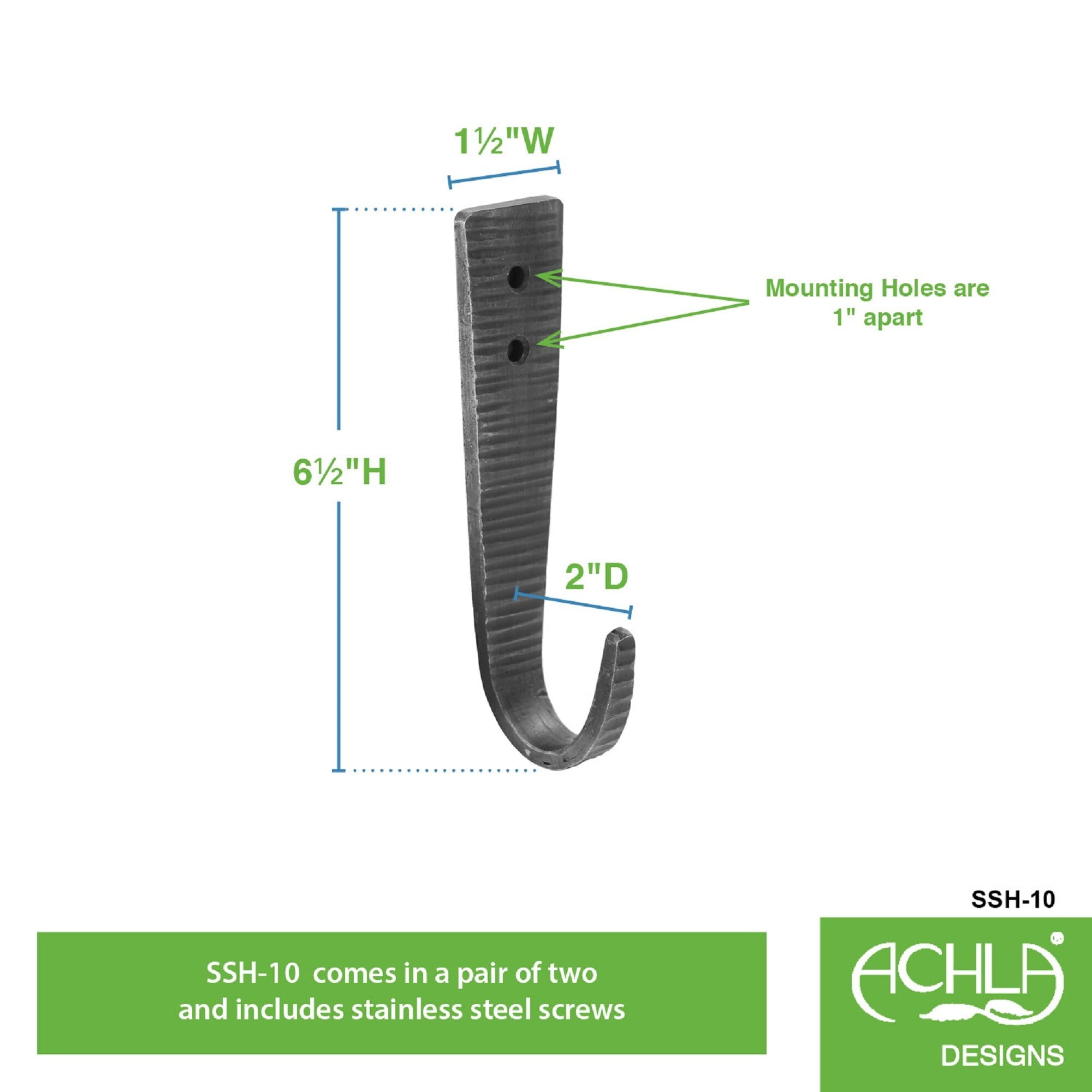Achla Designs Set of 2 Hammered Strap Upturned Wall J-Hooks, 6.5 Inch Tall, Black Powder Coat Finish