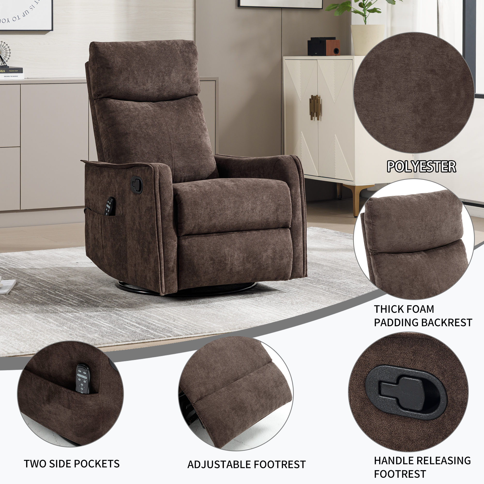 Leumius Recliner Chair with Massage and Heat,360° Manual Swivel Rocker Chair for Adults,Upholstered Fabric Glider Recliner Nursery Chair with Side Pockets for Living Room,Brown