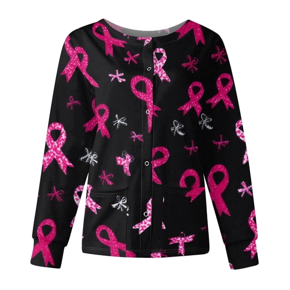 Scrubs For Women Crew Neck Snap Long Sleeve Ribbon Printed Scrub Jacket With Pockets Cozy Workwear Uniform Tops Hot Pink L