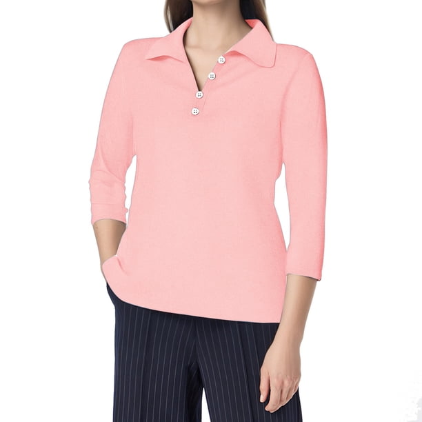 Camisa informal de mujer con cuello en V, botones y manga tres cuartos de color liso - Poliéster y spandex - Top para el trabajo o las fiestas - S-XXXL