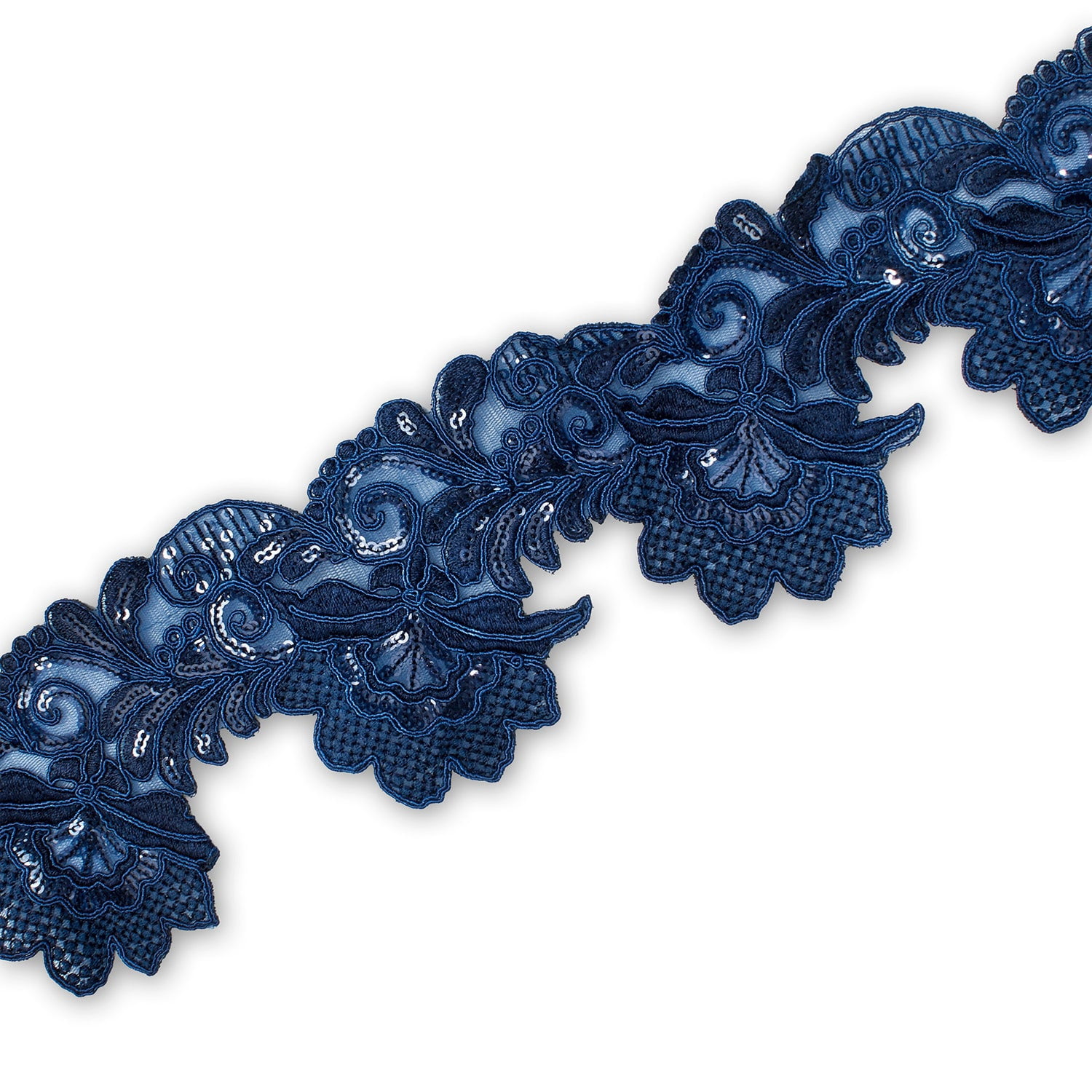 Embroidered Lace Trim 4" Leaf Floral Corded Sequin Embroidery On Sheer Polyester Scalloped Mesh - Navy Blue (9 Meters, 1 Pack)