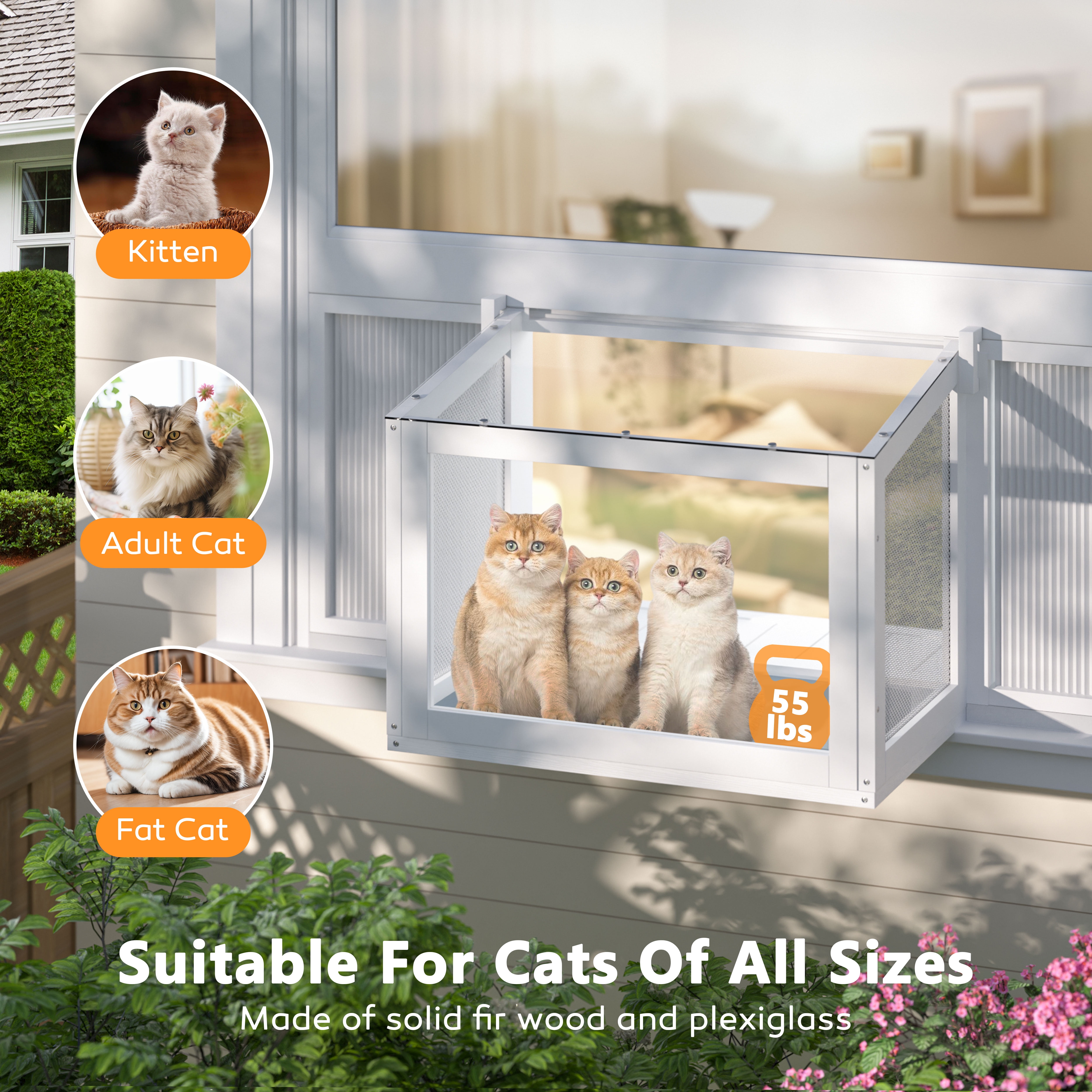 VEIKOUS Wooden Wall-Mounted Outdoor Cat Window House with Clear Plexiglass, Fits 26"-42" Window, White