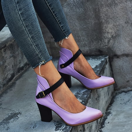 

Sunvit Women s Heeled Sandals- New Style Buckle Thick Heels Fashion Roman Casual Summer Sandals #458 Purple-5.5