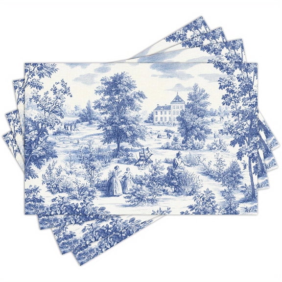 4pcs French Country Placemats Suitable & Dining Table - Vintage French Toilet Pattern Table Mats with Blue & White Farmhouse Decor, Hand Washable Tableware for Home & Party Decorations