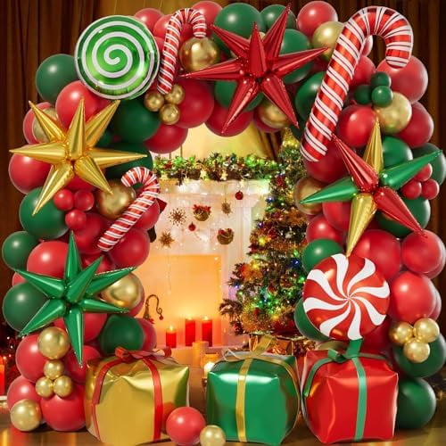 171Pcs Christmas Balloon Arch Kit - Holiday Red, Green, Gold Balloons, Candy Gift Box Balloons, Explosion Star Foil Balloons for Xmas Party Decor, Christmas Decorations$$Electronics Accessories