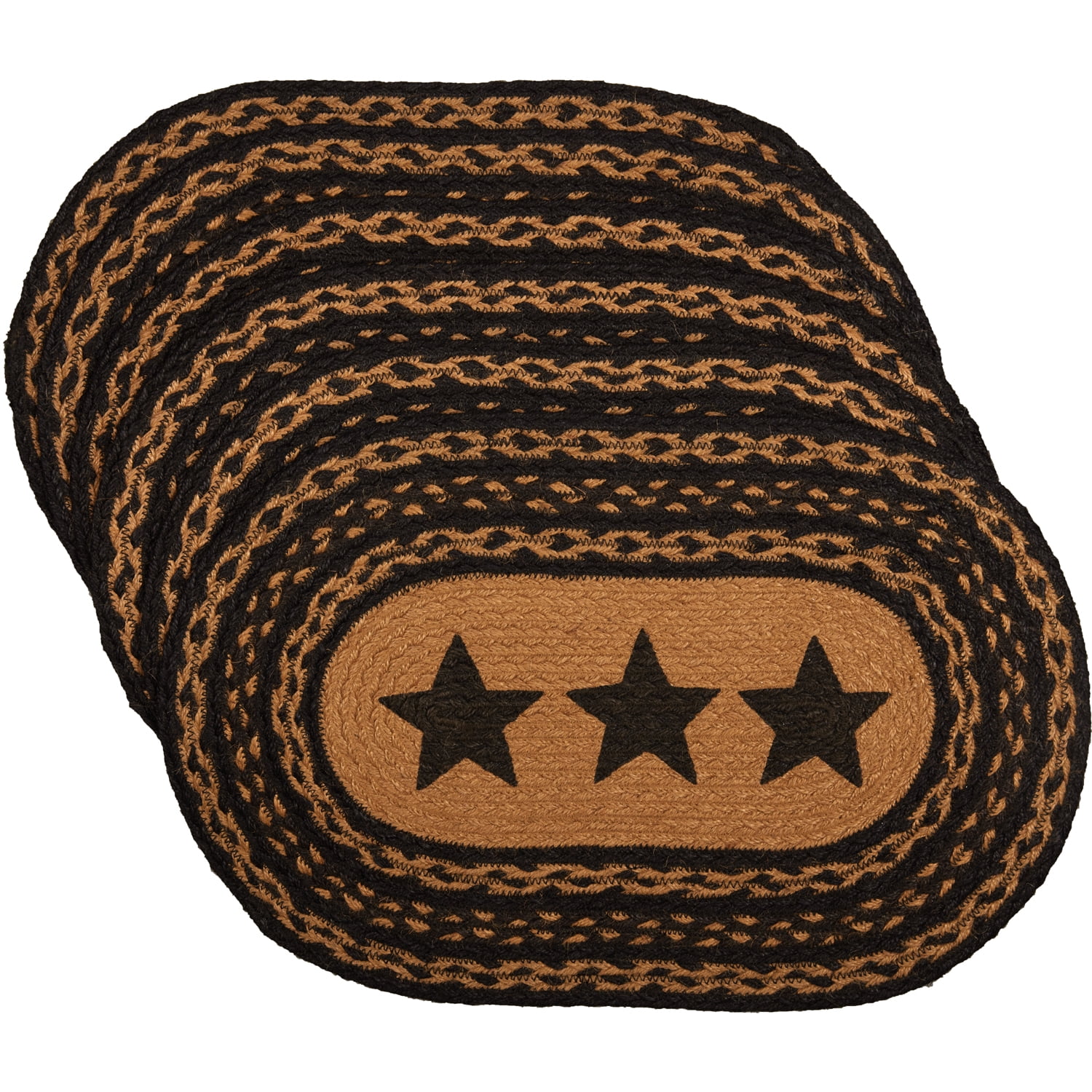 VHC Brands Farmhouse Primitive Jute Black Textured Kitchen Placemat Stencil Stars Set of 6 12"x18"