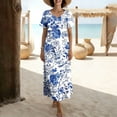 thumbnail image 5 of XUNKUSGA Boho Dresses for Women Fashion Floral Print Maxi Dress Casual Cotton V Neck Short Sleeve Split Sun Dresses Women with Pockets for Beach,Blue,S, 5 of 7