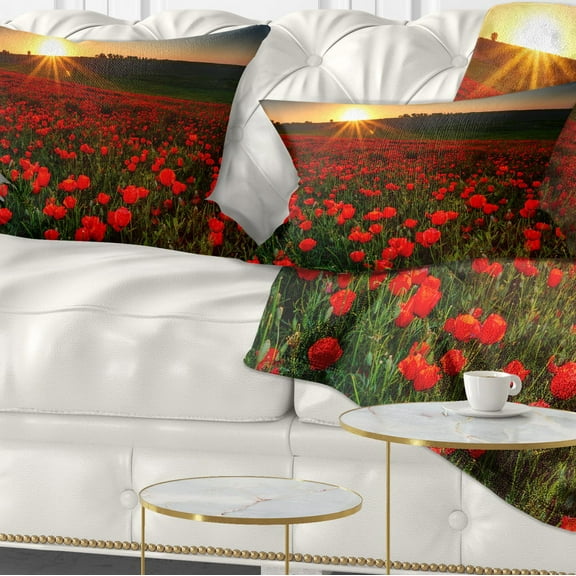 Designart Sunset over Garden with Red Poppies - Floral Throw Pillow - 12x20