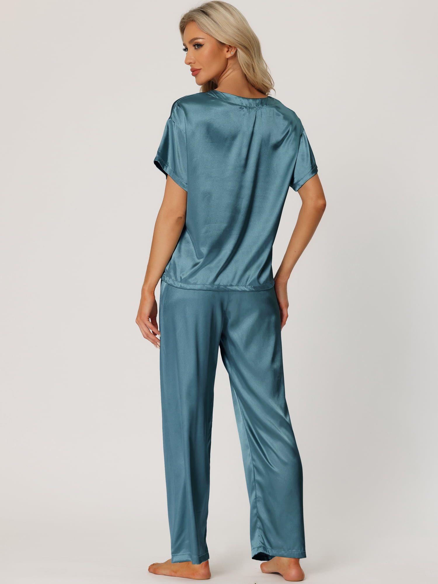 DARING DIVA Women's Satin Pajamas Sleepwear Summer Outfits Short Sleeves Tops S Peacock Blue