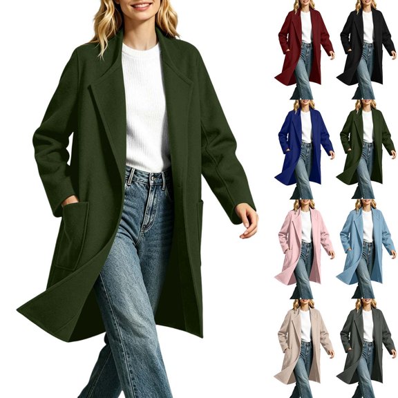 Binmer Women’s Lapel Open Front Long Coat Fashion Mid Length Outerwear Coat With Side Pockets Long Sleeve Casual Overcoat,Sizes S-2XL